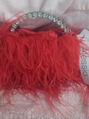 ALESSIA Luxury Red Ostrich Feather Beaded HandbagEvening Clutch Purse NWT